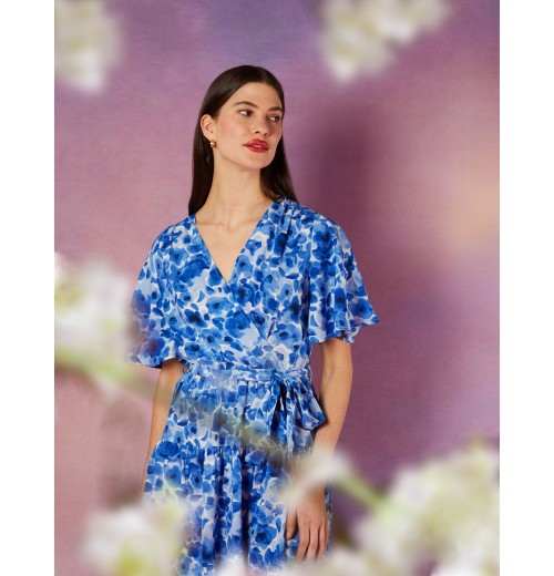 Wrap Front Tier Hem Angel Sleeve Dress Wrap Front Tier Hem Angel Sleeve Dress